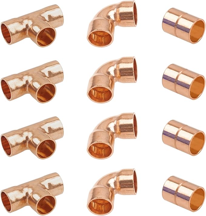 rrina 12 件 1.27 厘米铜直接头 90 度弯头 t 型管接头套装(1/2)